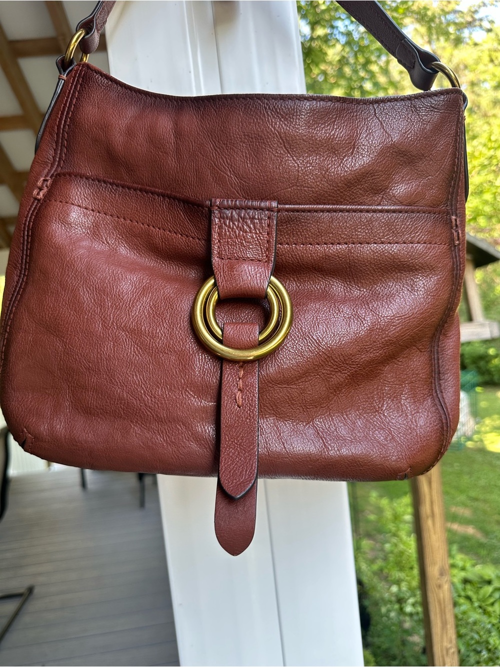 Frye Modern Ring Crossbody Distressed Brown Leather with Brass Ring Accent - Picture 8 of 11